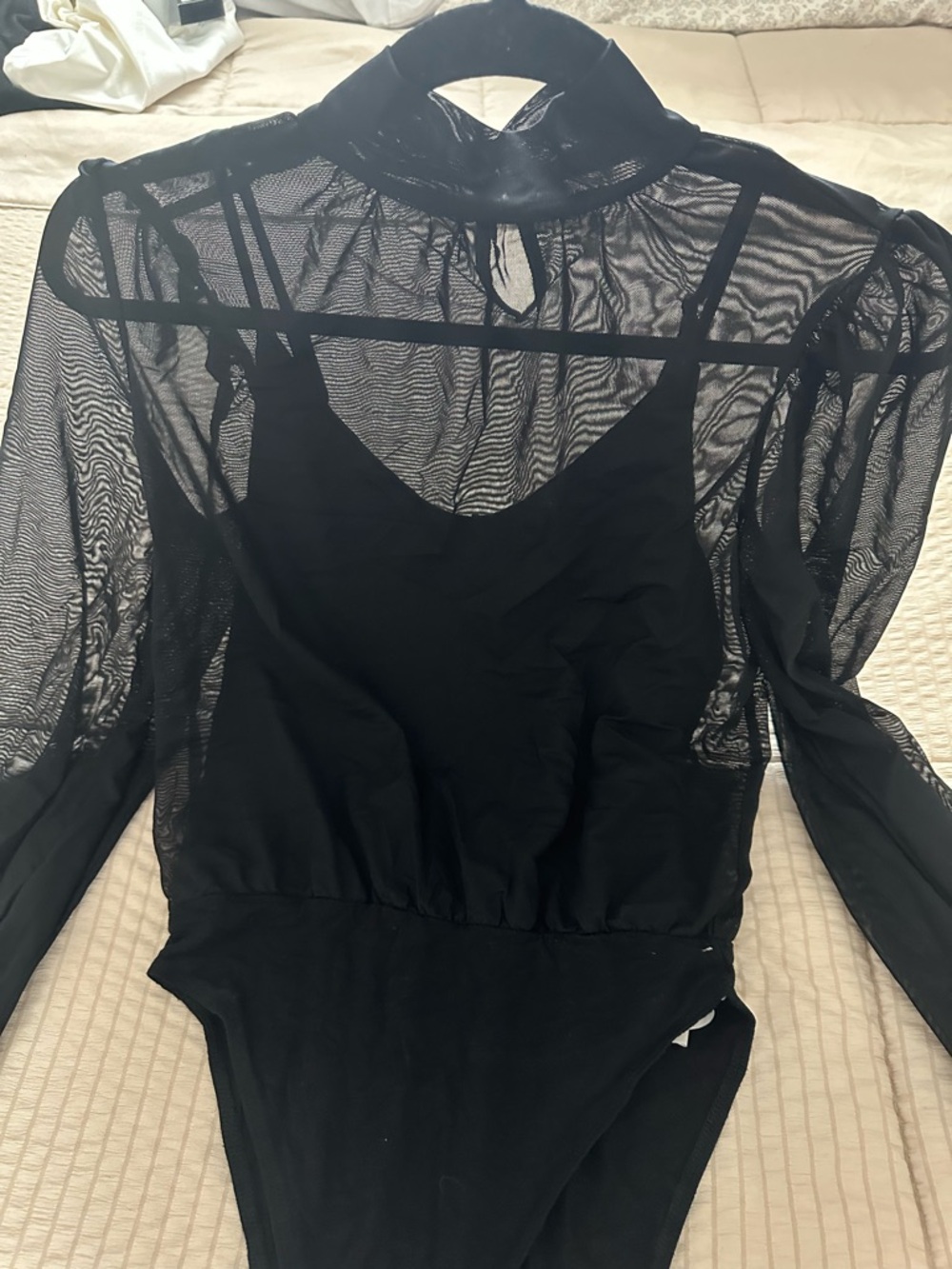 Forever 21 Black Sheer Mesh Long Sleeve Bodysuit with Built-In Cami